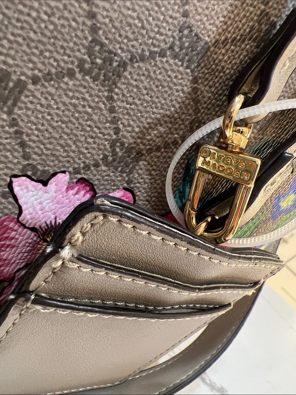 Steve Madden Beige Floral-Embroidered Dome Satchel